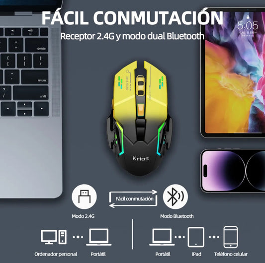 Mouse Gamer inalámbrico Bluetooth Krios Gb1 2400 Dpi Rgb Led con 6 Botones Ajustable Óptico Ergonómico para Pc Laptop Mac color negro